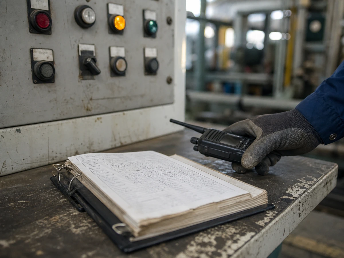 An industrial shift handover reconciles the alarm log, equipment panel, and radio