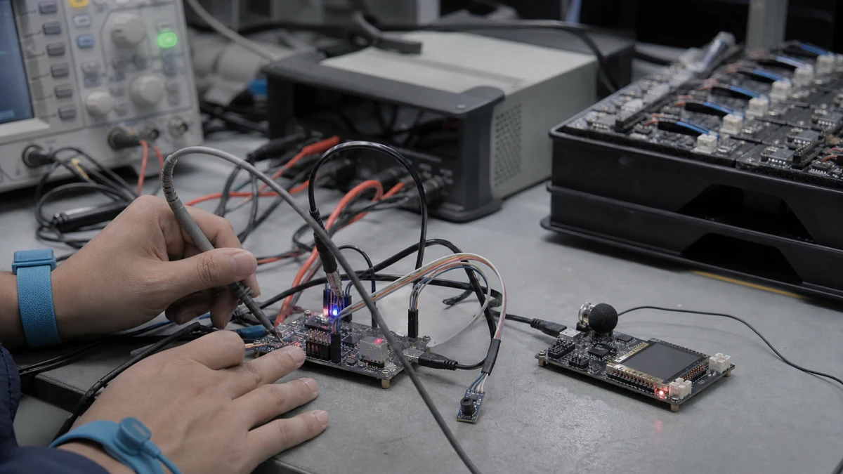 An engineer validating sensing, display, and audio workloads on an embedded test bench