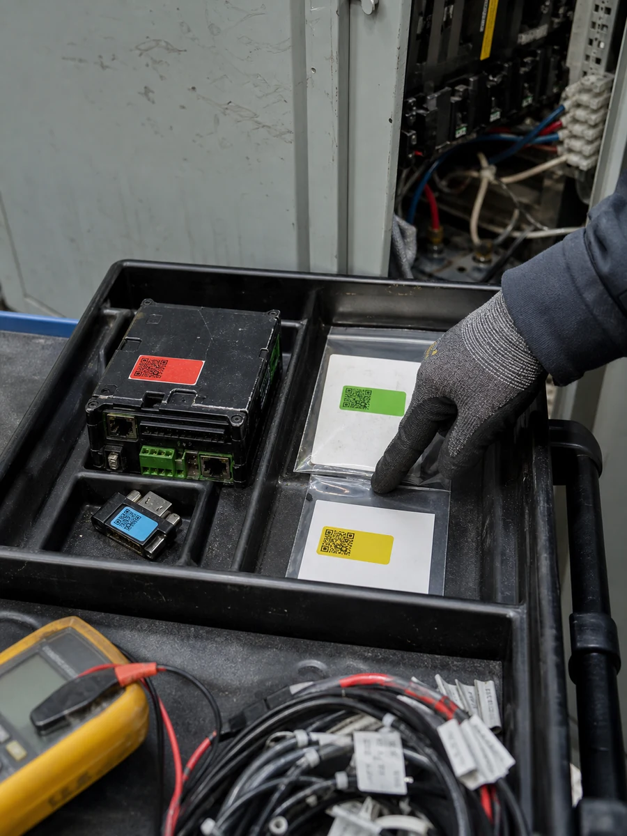 A field technician reconciles separate firmware, configuration, and device-model evidence for one returned controller