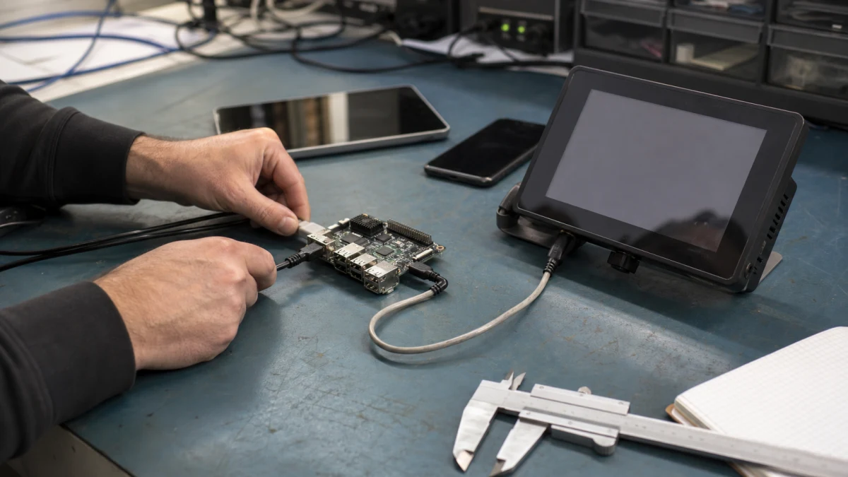 A product team independently testing development boards, an industrial panel, and mobile devices