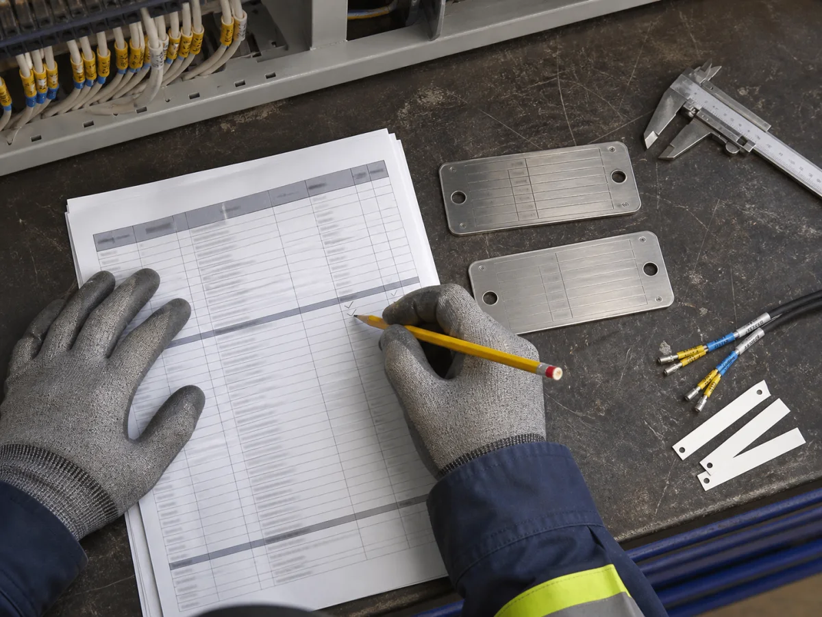 An engineer reconciles a point register with physical equipment and cable identifiers