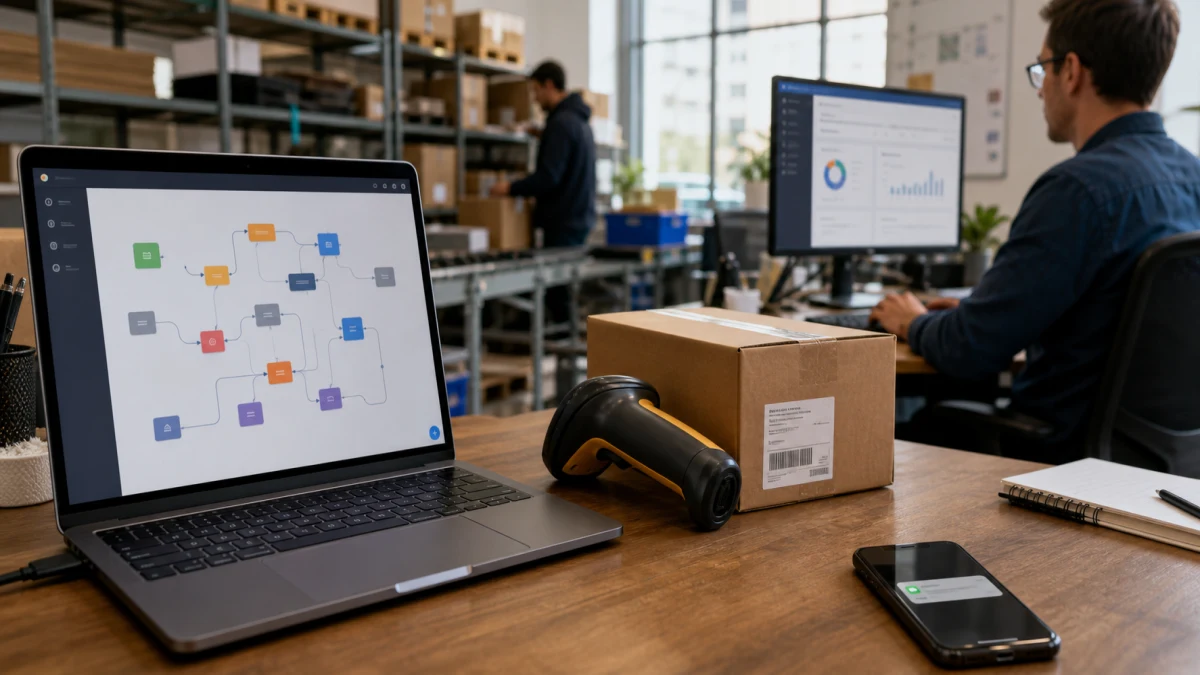 An operations workspace where n8n-style automation connects forms, CRM, fulfilment, and notifications