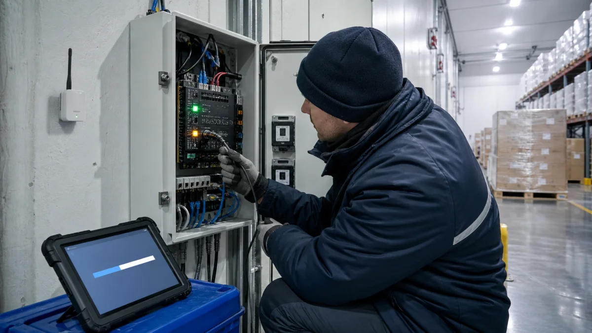 A field engineer using a separate recovery interface after an OTA failure while warehouse operations continue