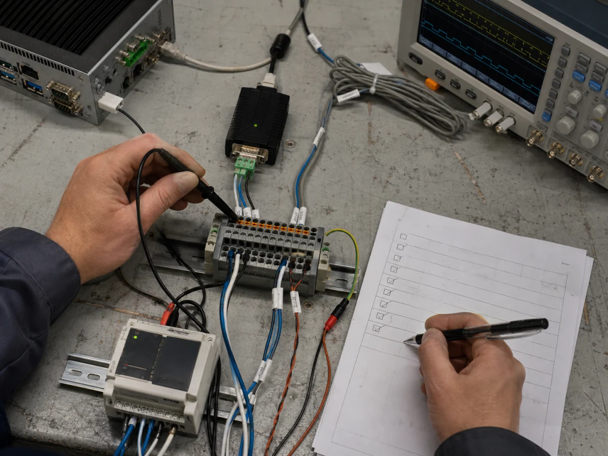 An engineer checks an upper-computer workstation, serial adapters, measurement equipment, and an acceptance checklist on a commissioning bench