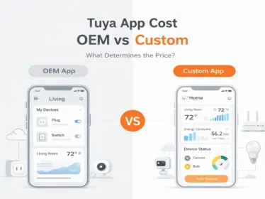 Tuya app development cost comparison between OEM and custom apps showing differences in features, flexibility, and pricing structure