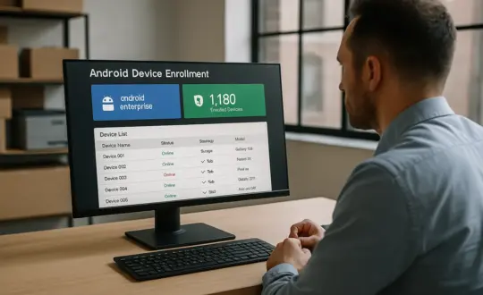 IT admin managing Android devices in a retail office using Android Enterprise zero-touch enrollment dashboard.