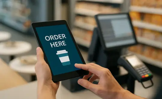 IT administrator remotely accessing and mirroring a retail POS screen from an office computer.