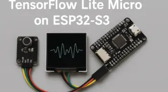 Illustration representing the integration of ESP32-S3 microcontroller and TensorFlow Lite Micro, highlighting edge AI capabilities such as wake word detection, sound classification, and embedded intelligence for IoT devices.