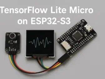 Illustration representing the integration of ESP32-S3 microcontroller and TensorFlow Lite Micro, highlighting edge AI capabilities such as wake word detection, sound classification, and embedded intelligence for IoT devices.