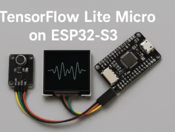 Illustration representing the integration of ESP32-S3 microcontroller and TensorFlow Lite Micro, highlighting edge AI capabilities such as wake word detection, sound classification, and embedded intelligence for IoT devices.