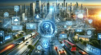 Futuristic landscape depicting evolving AI and IoT trends.
