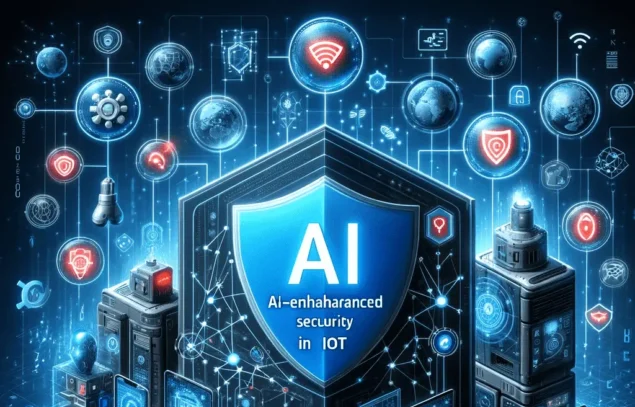 Digital illustration of AI-enhanced cybersecurity in IoT networks.