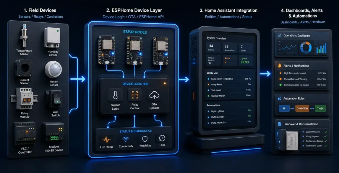 ESPHome device layer connecting sensors, relays, controllers, and Home Assistant automation workflows {{brizy_dc_image_alt imageSrc=
