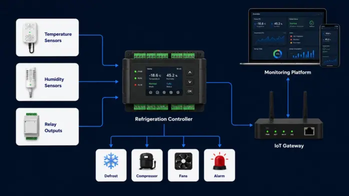 supermarket refrigeration monitoring architecture showing sensors, refrigeration controller, IoT gateway, and monitoring platform {{brizy_dc_image_alt imageSrc=