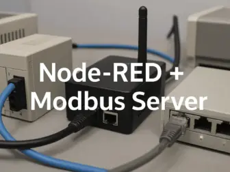 Illustration of an industrial data pipeline using Node-RED to host a Modbus Server, parse device registers, and forward telemetry to an MQTT broker.